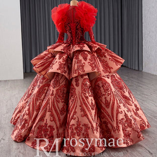 Sequined Lace Puffy Long Sleeve Ruffle Big Quinceanera Dress with O Neck - Rosymae