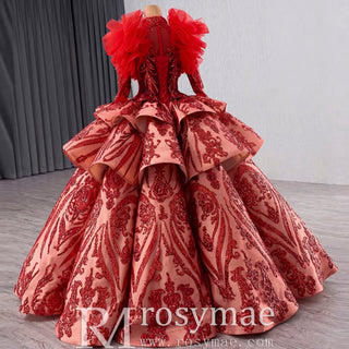 Sequined Lace Puffy Long Sleeve Ruffle Big Quinceanera Dress with O Neck - Rosymae