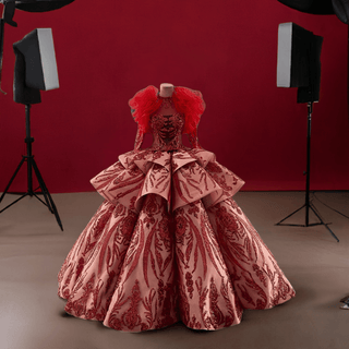Sequined Lace Puffy Long Sleeve Ruffle Big Quinceanera Dress with O Neck - Rosymae