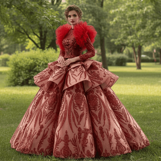 Sequined Lace Puffy Long Sleeve Ruffle Big Quinceanera Dress with O Neck - Rosymae
