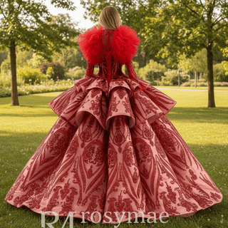 Sequined Lace Puffy Long Sleeve Ruffle Big Quinceanera Dress with O Neck - Rosymae