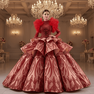 Sequined Lace Puffy Long Sleeve Ruffle Big Quinceanera Dress with O Neck - Rosymae