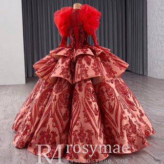 Sequined Lace Puffy Long Sleeve Ruffle Big Quinceanera Dress with O Neck - Rosymae