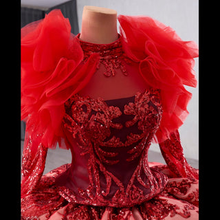 Sequined Lace Puffy Long Sleeve Ruffle Big Quinceanera Dress with O Neck - Rosymae
