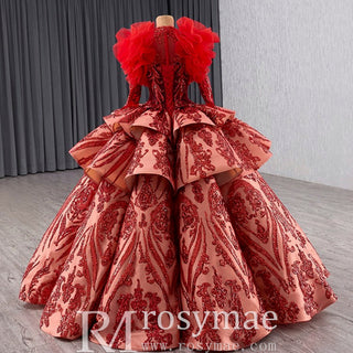 Sequined Lace Puffy Long Sleeve Ruffle Big Quinceanera Dress with O Neck - Rosymae