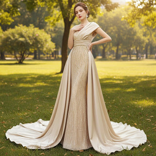 Sequins Glitter Prom Dress Detachable Train Mermaid Evening Gown - Rosymae