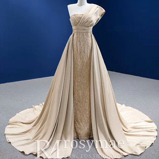 Sequins Glitter Prom Dress Detachable Train Mermaid Evening Gown - Rosymae