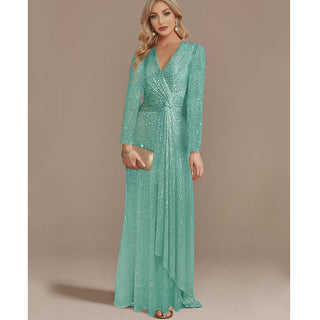Sequins Long Sleeves Evening Dress High Back V-Neck Prom Dress - Rosymae