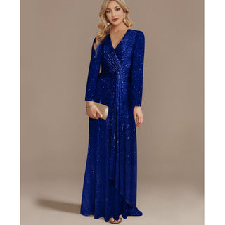 Sequins Long Sleeves Evening Dress High Back V-Neck Prom Dress - Rosymae