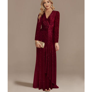 Sequins Long Sleeves Evening Dress High Back V-Neck Prom Dress - Rosymae