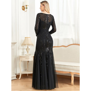 Sequins Long Sleeves Round Neck Slim Fit Mermaid Formal Evening Dress - Rosymae