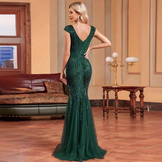 Sequins Mermaid Formal Evening Gown V-neck Prom Dress - Rosymae