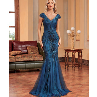 Sequins Mermaid Formal Evening Gown V-neck Prom Dress - Rosymae