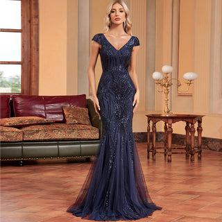 Sequins Mermaid Formal Evening Gown V-neck Prom Dress - Rosymae
