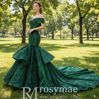 Sequins Off Shoulder Luxury Mermaid Prom Dress - Rosymae