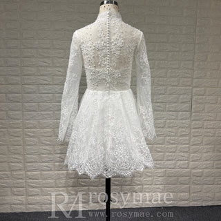 Elegant White Lace Long-Sleeve Mini Dress Short Lace V-neck Wedding Dress