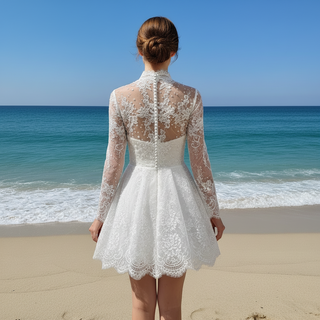 Elegant White Lace Long-Sleeve Mini Dress Short Lace V-neck Wedding Dress