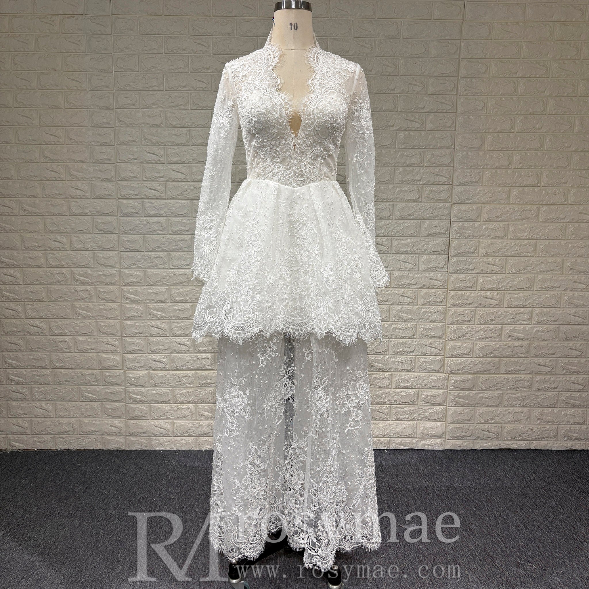 Elegant White Lace Long-Sleeve Mini Dress Short Lace V-neck Wedding Dress White / 0 Elegant White Lace Long-Sleeve Mini Dress Short Lace V-neck Wedding Dress White / 0