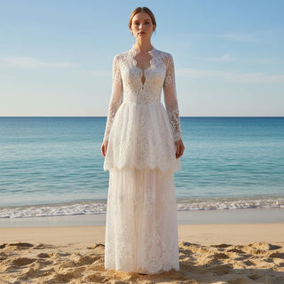 Elegant White Lace Long-Sleeve Mini Dress Short Lace V-neck Wedding Dress