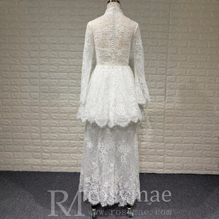 Elegant White Lace Long-Sleeve Mini Dress Short Lace V-neck Wedding Dress