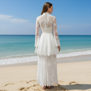 Elegant White Lace Long-Sleeve Mini Dress Short Lace V-neck Wedding Dress