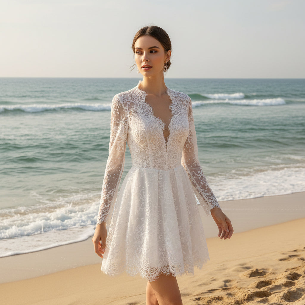 Elegant White Lace Long-Sleeve Mini Dress Short Lace V-Neck Wedding Dress White / 0 Elegant White Lace Long-Sleeve Mini Dress Short Lace V-Neck Wedding Dress White / 0