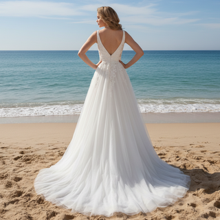 Plunging V-neck Lace and Tulle A-line Wedding Dress Low Back