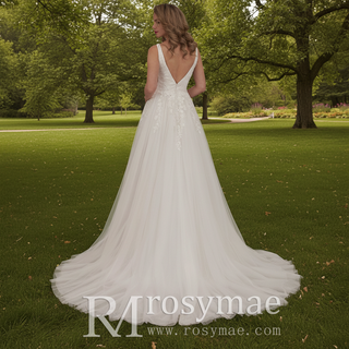 Plunging V-neck Lace and Tulle A-line Wedding Dress Low Back