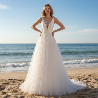 Plunging V-neck Lace and Tulle A-line Wedding Dress Low Back