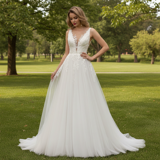 Plunging V-neck Lace and Tulle A-line Wedding Dress Low Back