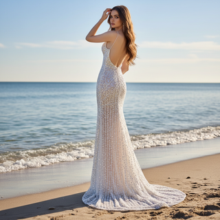 Spaghetti Straps Sparkle Evening Dress with Leg Slit