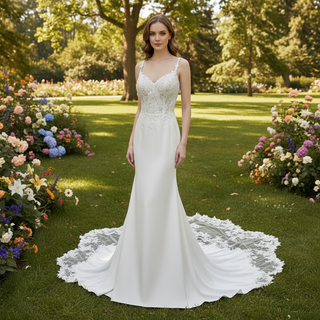 Elegant Fishtail Skirt Mermaid Vneck Wedding Dress with Spaghetti Straps