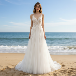 Floral Lace V-neckline Bridal Wedding Dress with Spaghetti Strap