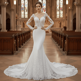Sheath Mermaid & Fit Flare Wedding Dress with Long Sleeves - Rosymae