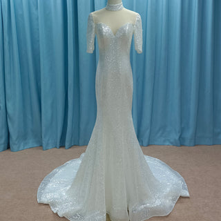 Silver Half Sleeve O-neck Mermaid Informal Wedding Dress with Sheer Neck