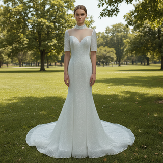 Silver Half Sleeve O-neck Mermaid Informal Wedding Dress with Sheer Neck