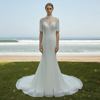 Silver Half Sleeve O-neck Mermaid Informal Wedding Dress with Sheer Neck