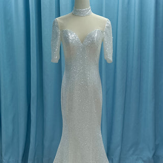 Silver Half Sleeve O-neck Mermaid Informal Wedding Dress with Sheer Neck