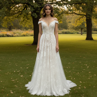 Elegant Off the Shoulder Sheath Lace Tulle Wedding Dress with Vneck