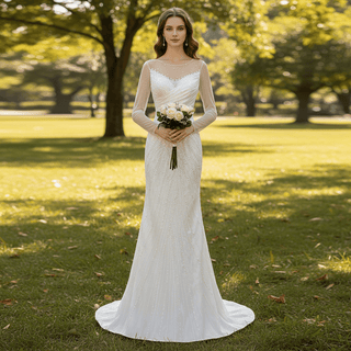 Sheath Satin Long Sleeve Wedding Dress with Detachable Overskirt - Rosymae