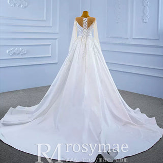 Sheath Satin Long Sleeve Wedding Dress with Detachable Overskirt - Rosymae