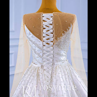 Sheath Satin Long Sleeve Wedding Dress with Detachable Overskirt - Rosymae