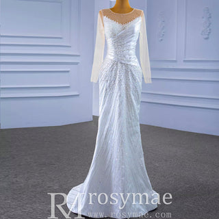 Sheath Satin Long Sleeve Wedding Dress with Detachable Overskirt - Rosymae