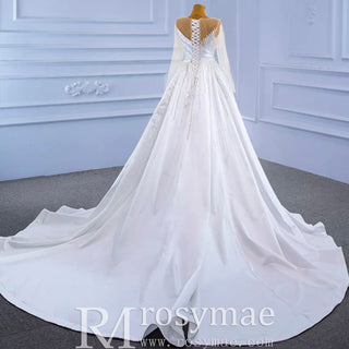 Sheath Satin Long Sleeve Wedding Dress with Detachable Overskirt - Rosymae