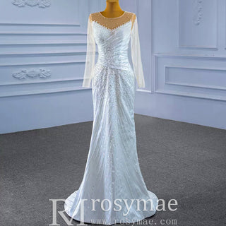 Sheath Satin Long Sleeve Wedding Dress with Detachable Overskirt - Rosymae
