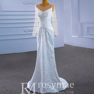 Sheath Satin Long Sleeve Wedding Dress with Detachable Overskirt - Rosymae