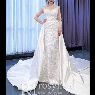 Sheath Satin Long Sleeve Wedding Dress with Detachable Overskirt - Rosymae