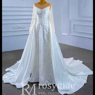 Sheath Satin Long Sleeve Wedding Dress with Detachable Overskirt - Rosymae