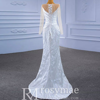 Sheath Satin Long Sleeve Wedding Dress with Detachable Overskirt - Rosymae