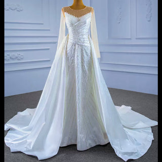 Sheath Satin Long Sleeve Wedding Dress with Detachable Overskirt - Rosymae